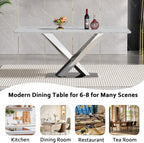 70" Faux Marble White Silver Dining Table for 6, Modern Dining Room Table with 0.71" Marble Printing MDF Top and Cross-Shaped Stainless Steel Base, Rectangular Large Kitchen Dinner Table