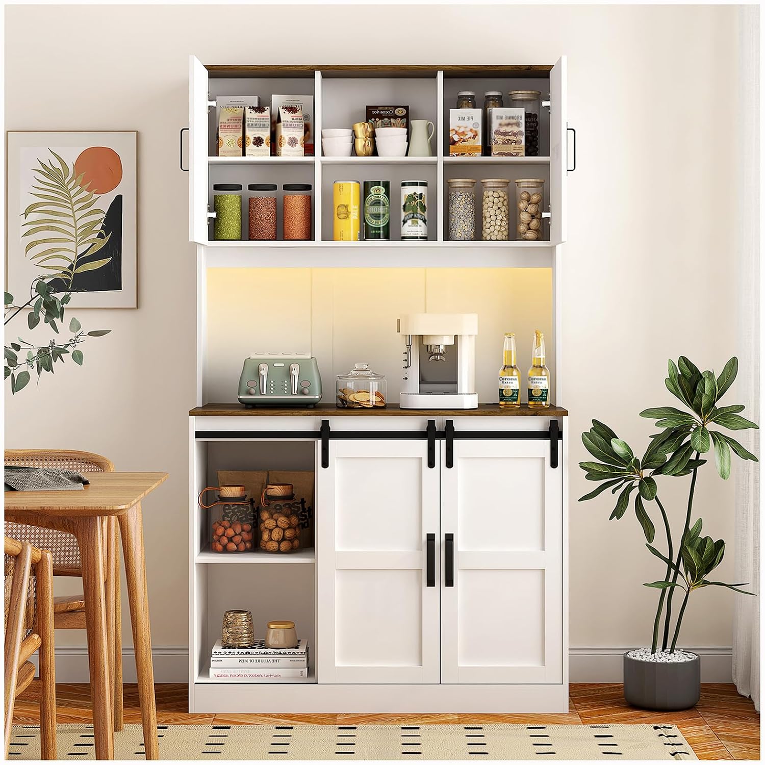 74" High Kitchen Pantry Cabinet, Large Kitchen Buffet with U+B Charging Port, 3 Shelves and 1 Drawer for Dining Room, Living Room, White