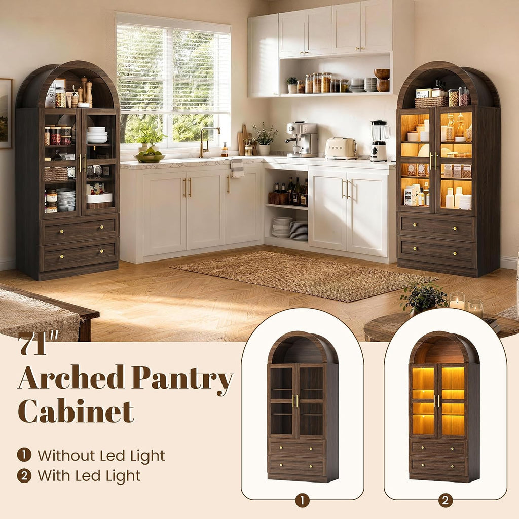 Pamapic Arched Kitchen Pantry Cabinet, 71" Tall Arched Cabinet with LED Light & Glass Doors, Farmhouse Kitchen Storage Cabinet with 2 Large Drawers, Wooden Pantry for Dining Room, Living Room (Brown)