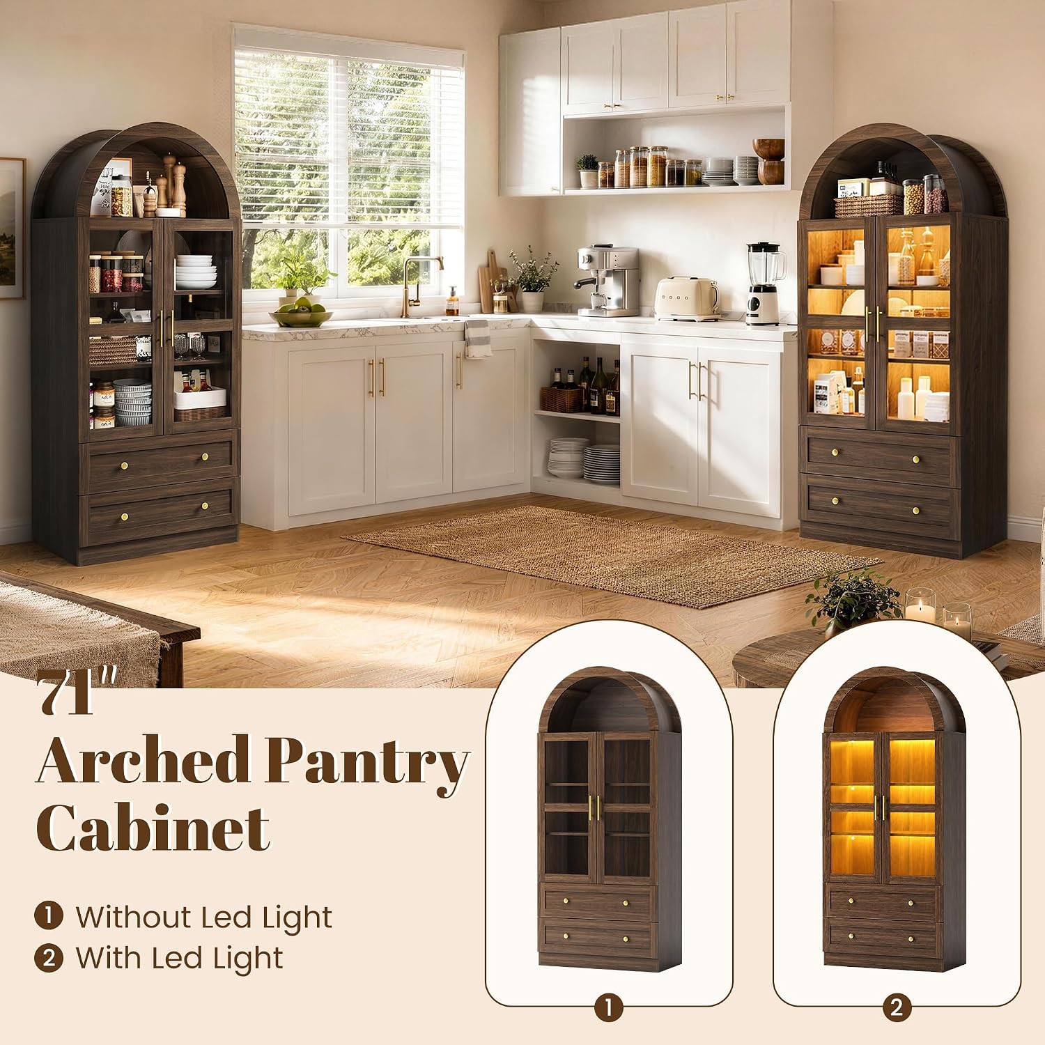 Pamapic Arched Kitchen Pantry Cabinet, 71" Tall Arched Cabinet with LED Light & Glass Doors, Farmhouse Kitchen Storage Cabinet with 2 Large Drawers, Wooden Pantry for Dining Room, Living Room (Brown)