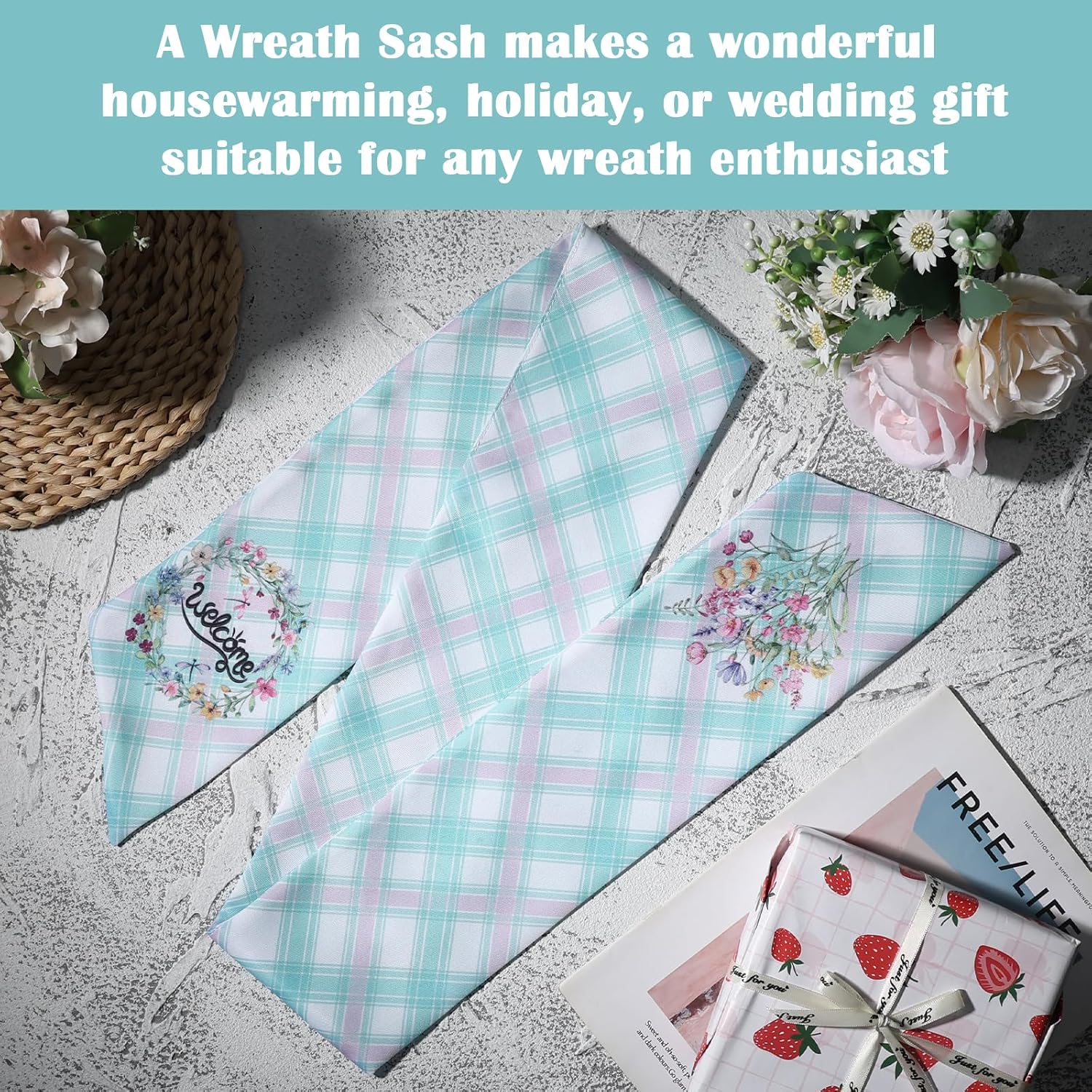 Spring Wreath Sash for Front Door - 2 Pcs Plaid Welcom Wreath Sashes with Flowers for Farmhouse Home Decor, 60 Inch Rustic Green Pink Wreaths Sash for Doorway Yard Indoor Outdoor