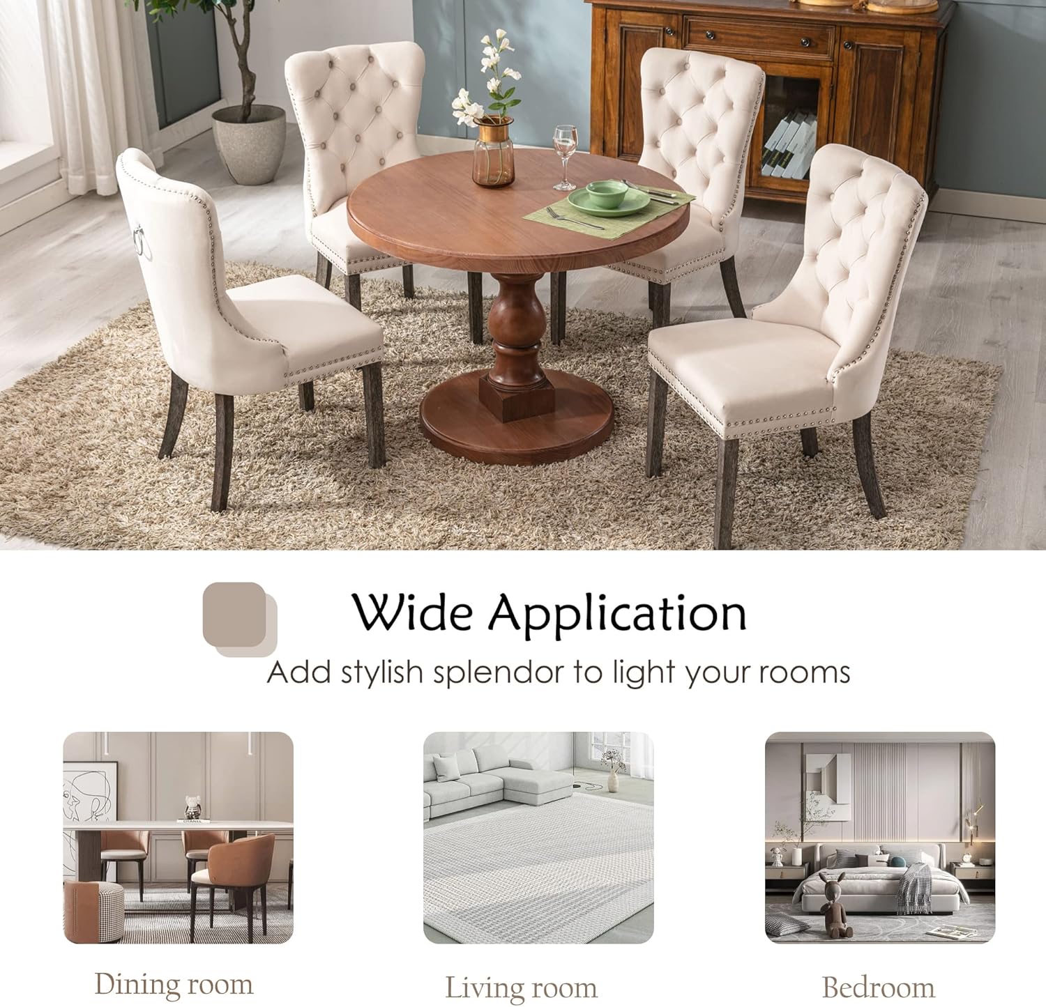 KCC Velvet Dining Chairs Set of 4, Upholstered High-end Tufted Dining Room Chair with Nailhead Back Ring Pull Trim Solid Wood Legs, Nikki Collection Modern Style for Kitchen, Beige