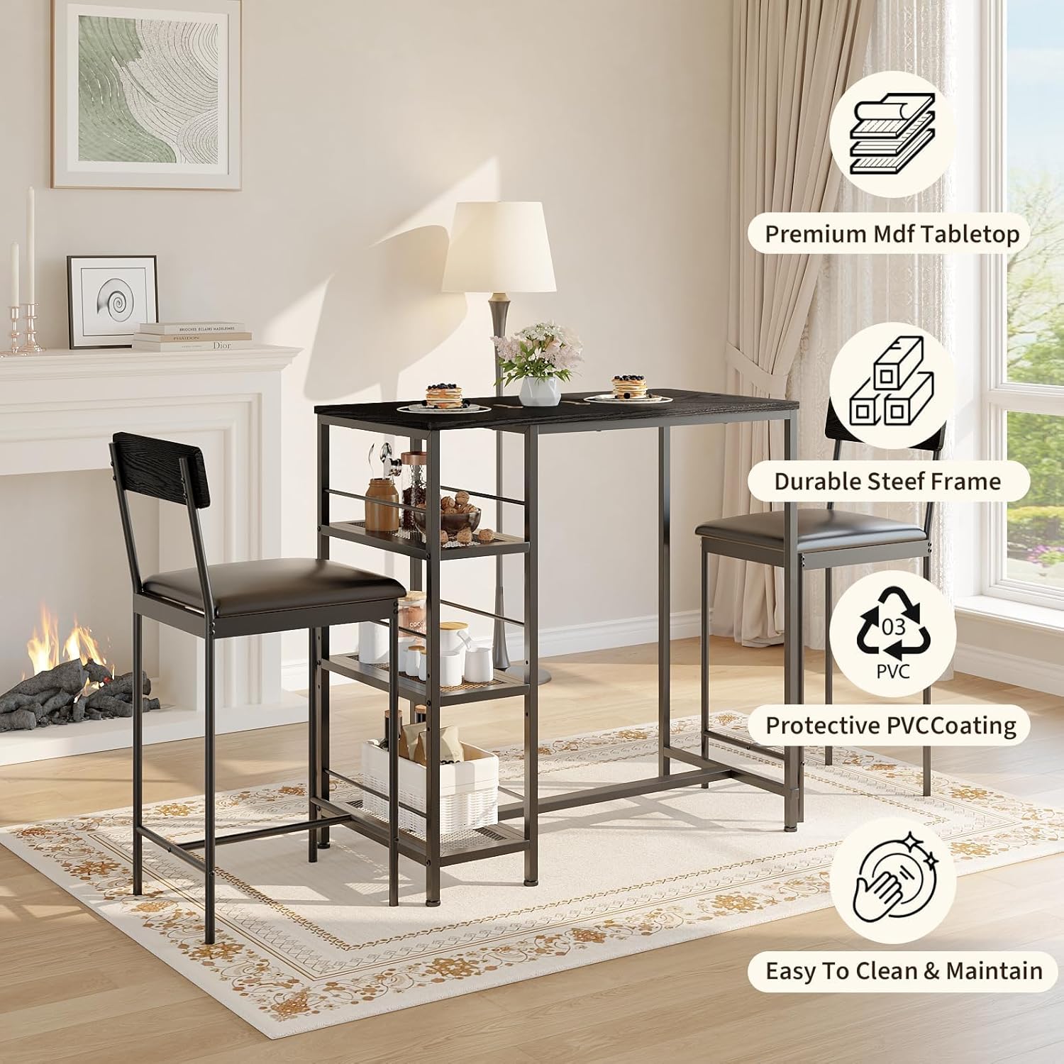 GarveeLife Dining Table Set for 2, Counter Height Bar Table Set with Storage ＆ Stools, High Top Pub Table and Chairs for Kitchen, Dining Room, Sofa Side, Apartment, Breakfast Nook
