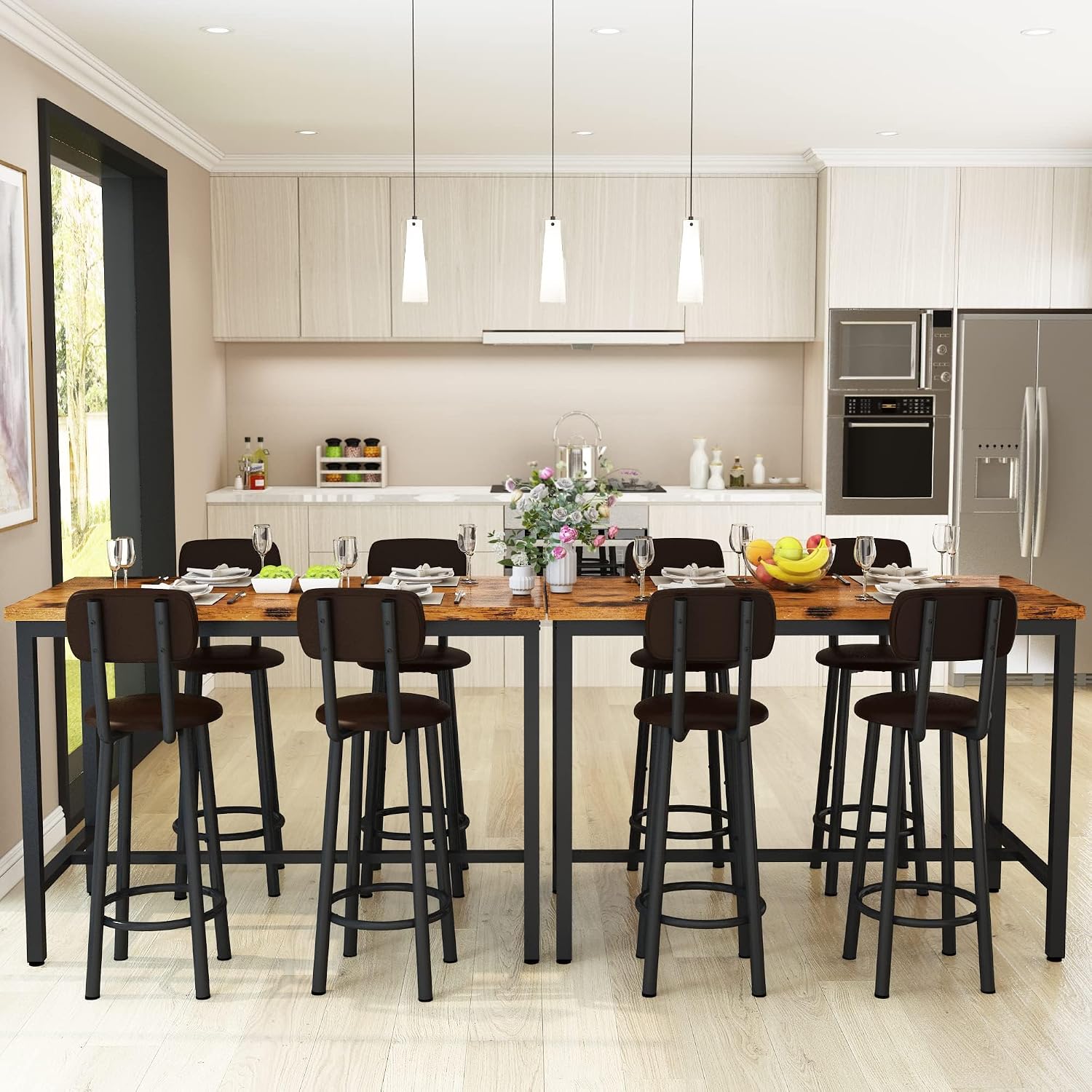 Lamerge Bar Table Set for 4 Kitchen Table and Chairs Set, Industrial Dinner Table with 4 PU Upholstered Stools Kitchen Pub Table for Kitchen, Space Saving, Restaurant (Rustic Brown and Black)