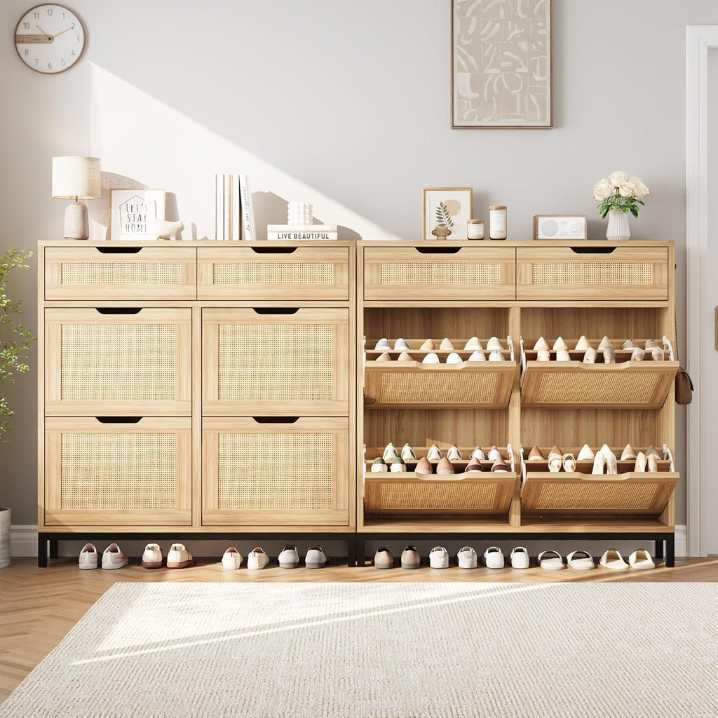 Jocoevol Rattan Shoe Cabinet for Entryway, Boho Shoe Storage Cabinet with 4 Flip Drawers and 2 Drawers, Narrow Freestanding Shoe Rack with Metal Legs for Entryway/Hallway/Foyer (Natural)