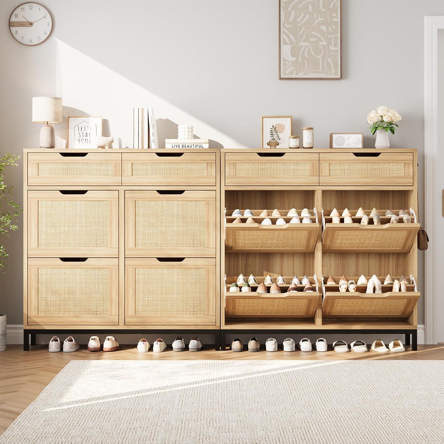 Jocoevol Rattan Shoe Cabinet for Entryway, Boho Shoe Storage Cabinet with 4 Flip Drawers and 2 Drawers, Narrow Freestanding Shoe Rack with Metal Legs for Entryway/Hallway/Foyer (Natural)
