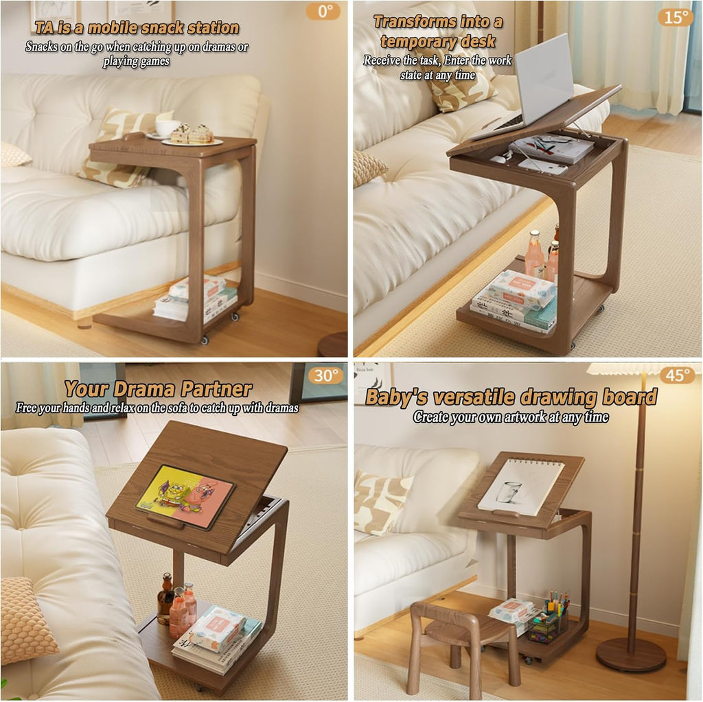 C Shaped Adjustable Solid Wood TV Tray Table with Wheels - Removable Side Tables for Couch, Ideal for Living Rooms and Bedrooms, Perfect for Narrow Spaces