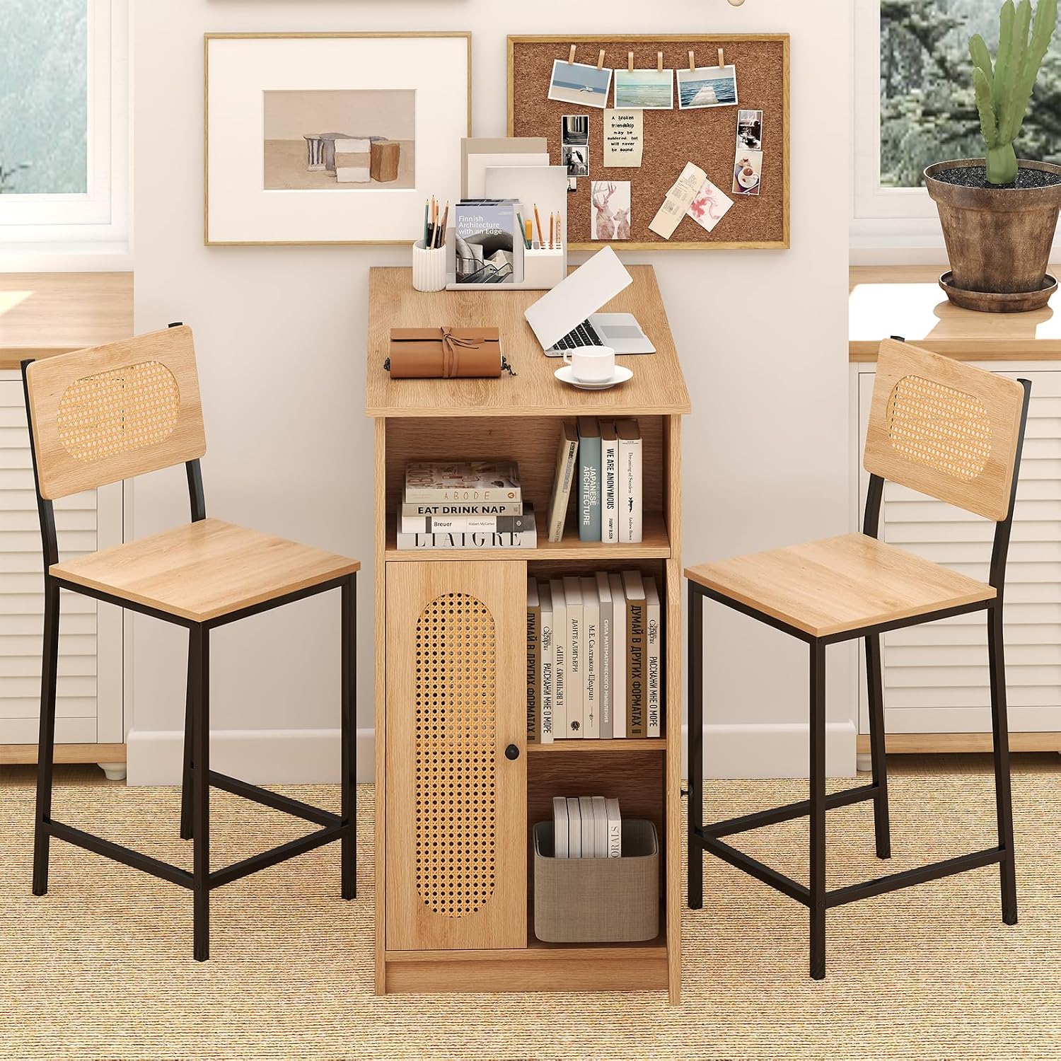 COSTWAY 3-Pcs Kitchen Table & Chairs Set, High Top Bar Table with 2 Stools, Storage, Adjustable Shelf, Metal Frame, Counter Height Dining Room Set for 2, Boho Rattan Table Set for Living Room, Study