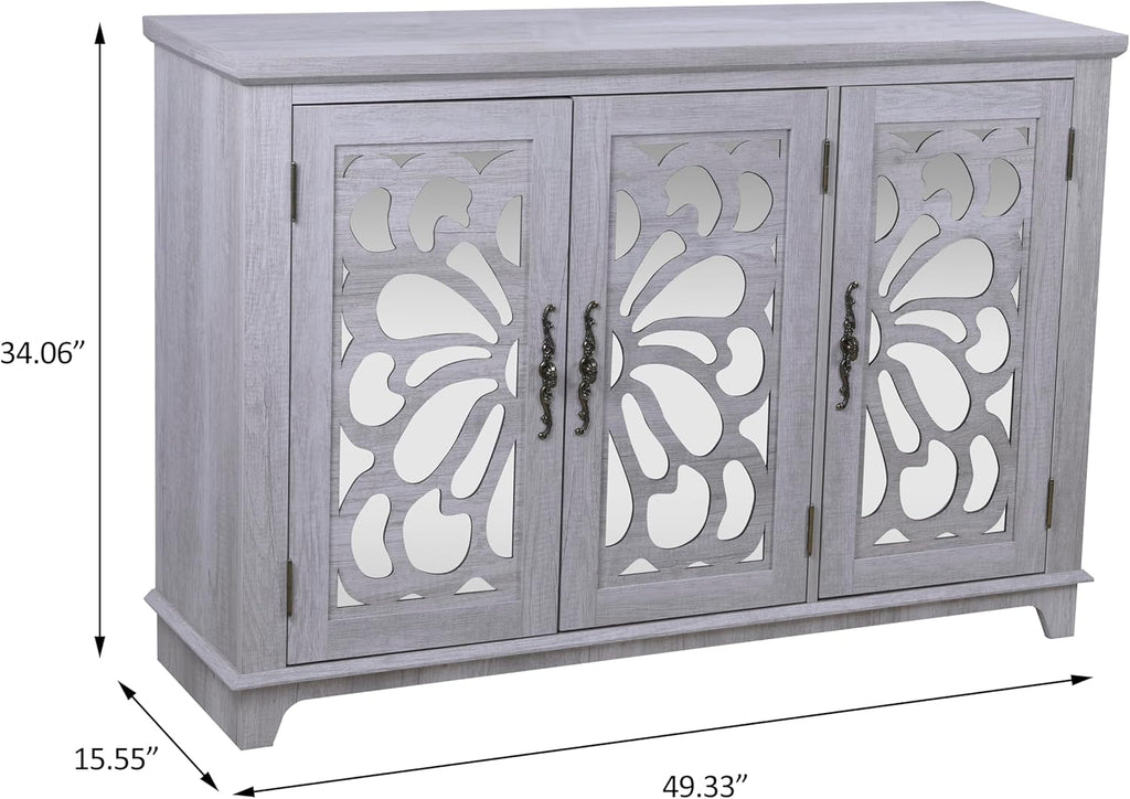 GDFStudio 49" Modern Buffet Sideboard Cabinet, Storage Cabinet with 3 Acrylic Mirrored Doors, Freestanding Credenza Buffet for Living Room Dining Room Kitchen, Large Countertop Coffee Bar, Light Gray