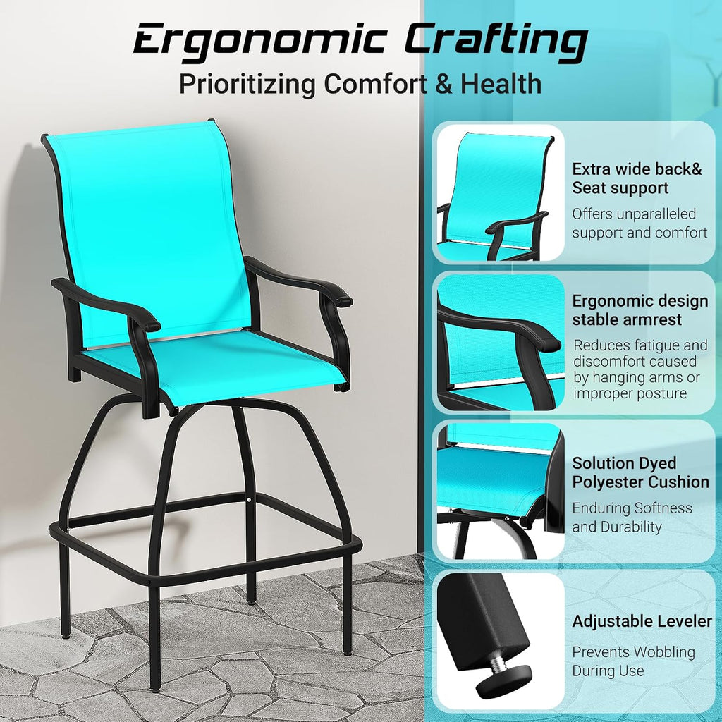 LEVELEVE Patio Bar Set 2pcs Swivel Bar Stools Outdoor Bistro Textilene Furniture Stability All-Weather Set (3, Lake Blue Padded)
