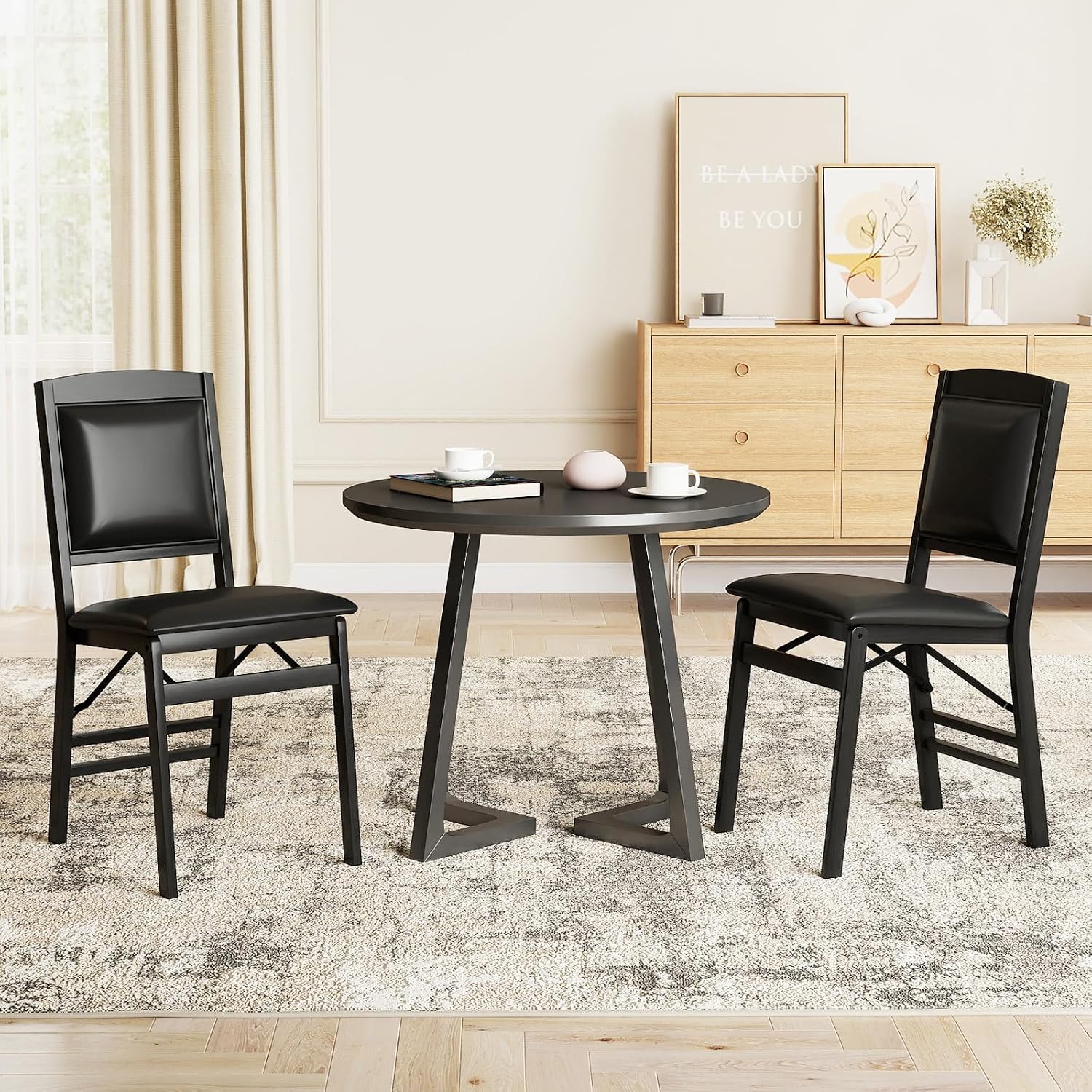 COSTWAY Folding Dining Chairs Set of 2, Wooden Kitchen Side Chairs w/Padded Seat, Solid Wood Frame, 400 LBS Load Bearing, No Assembly Needed, Vintage Foldable Chairs for Dining Living Room, Black