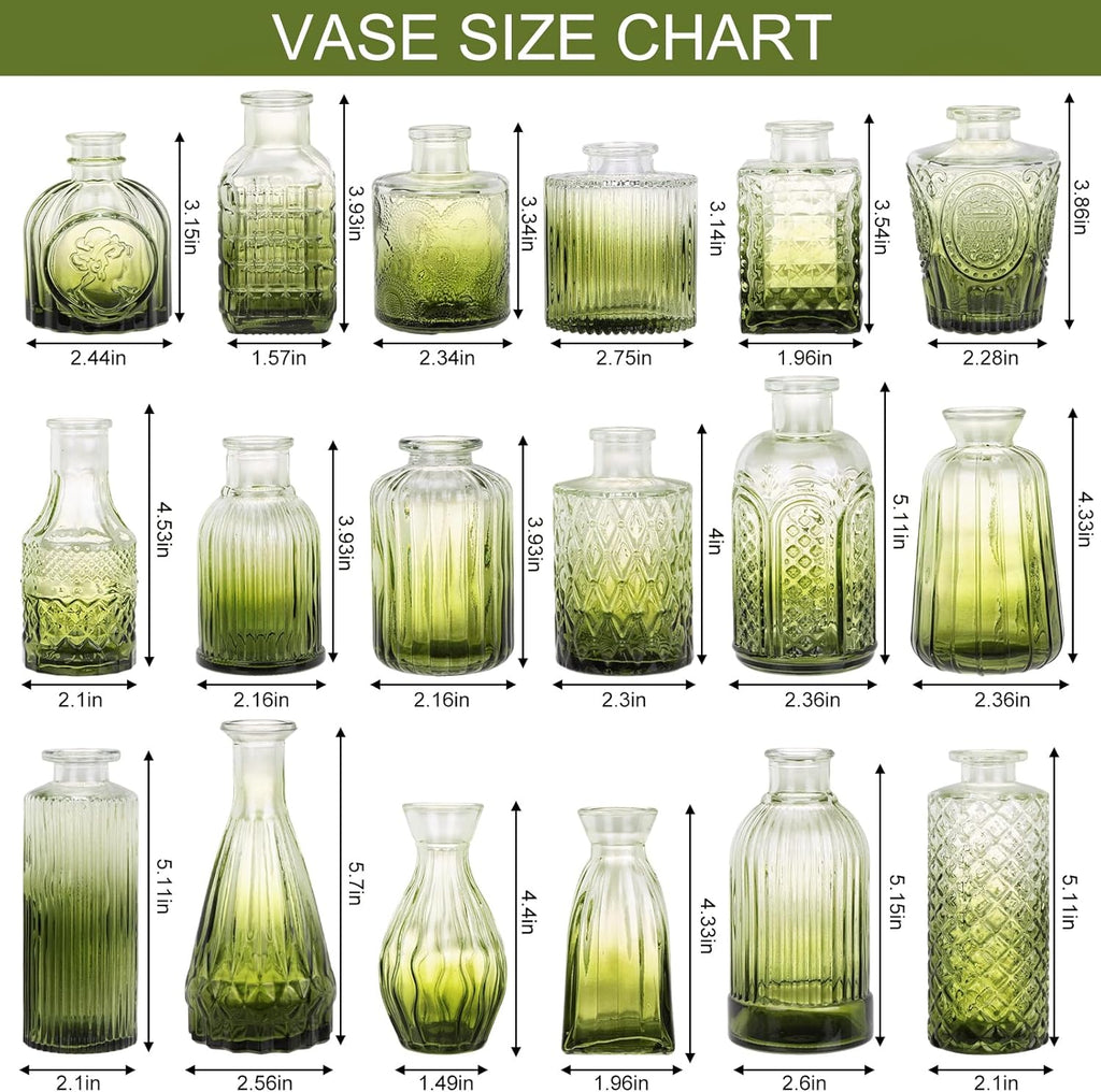 18pcs Green Glass Bud Vase Set, Small Flower Vases for Centerpieces in Bulk, Mini Vintage Vase for Home, Wedding, Table Decor