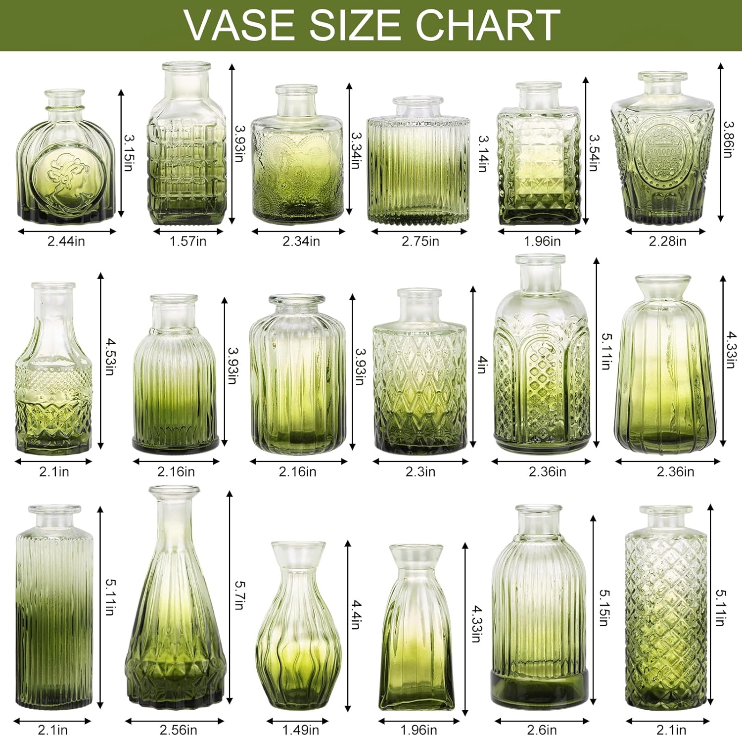 18pcs Green Glass Bud Vase Set, Small Flower Vases for Centerpieces in Bulk, Mini Vintage Vase for Home, Wedding, Table Decor