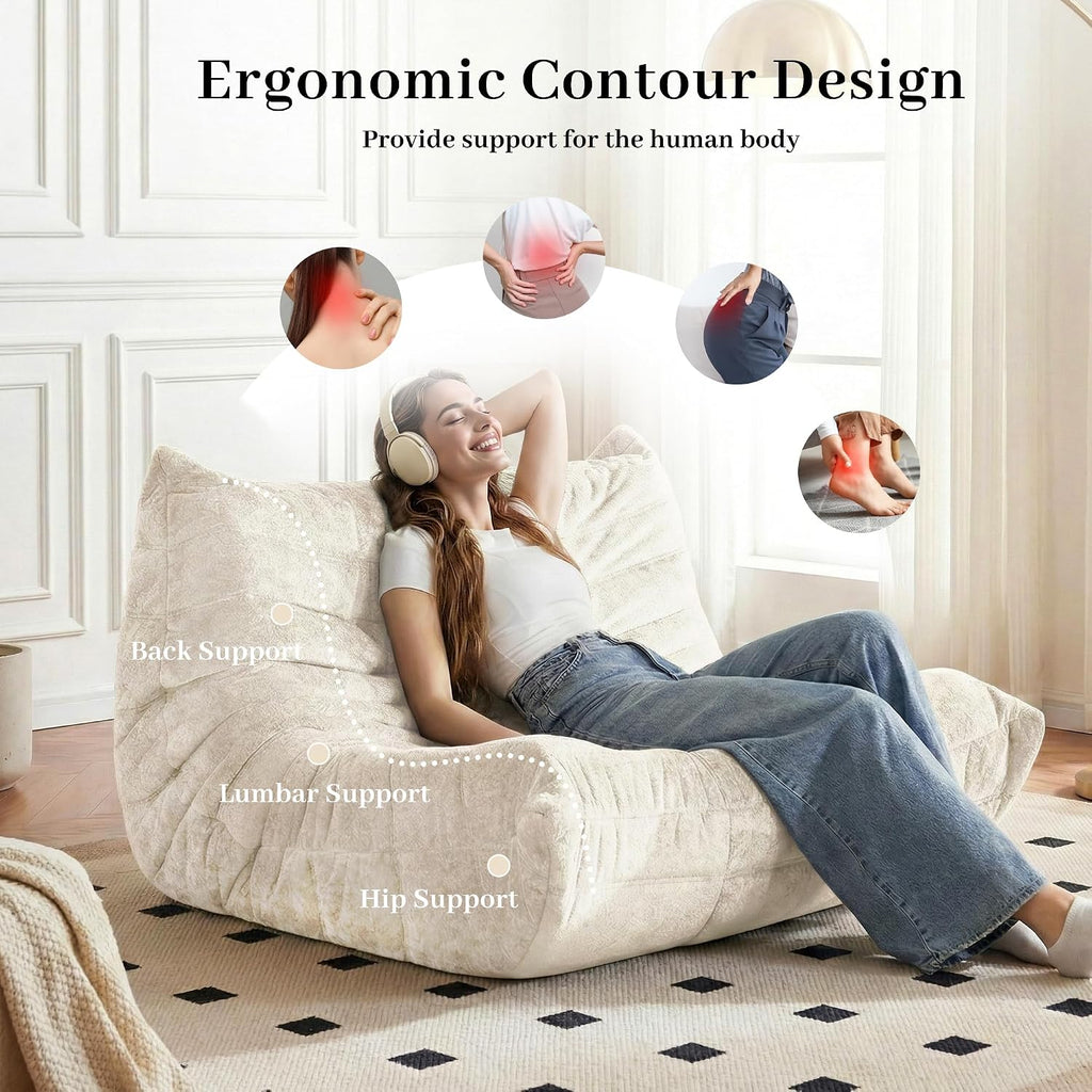Bean Bag Chair, 2 Seater Lazy Bean Bag Sofa Memory Foam Couch, Giant Bean Bag Chairs for Adults, Loveseat Fireside Chair for Living Room, Bedroom, Office(Beige)