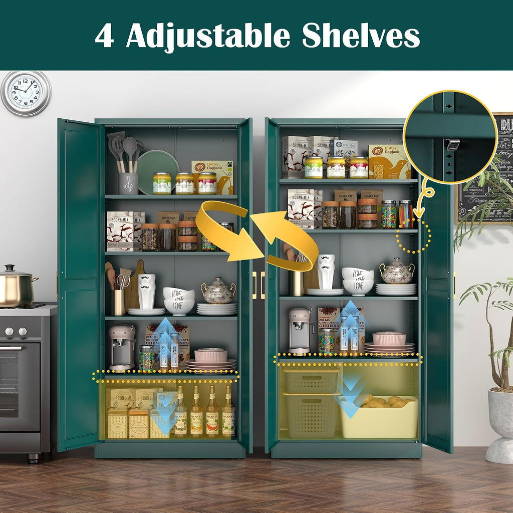 SteeLoong Kitchen Pantry Cabinet,71”Green Metal Pantry Storage Cabinets with Doors and 4 Adjustable Shelves,Kitchen Cabinet with 2 Gold Handles,Tall Cabinet for Livingroom, Bathroom