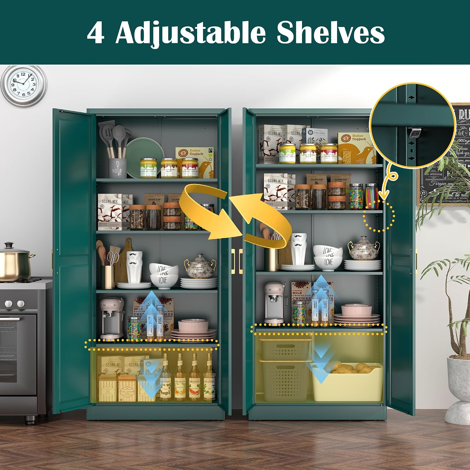 SteeLoong Kitchen Pantry Cabinet,71”Green Metal Pantry Storage Cabinets with Doors and 4 Adjustable Shelves,Kitchen Cabinet with 2 Gold Handles,Tall Cabinet for Livingroom, Bathroom
