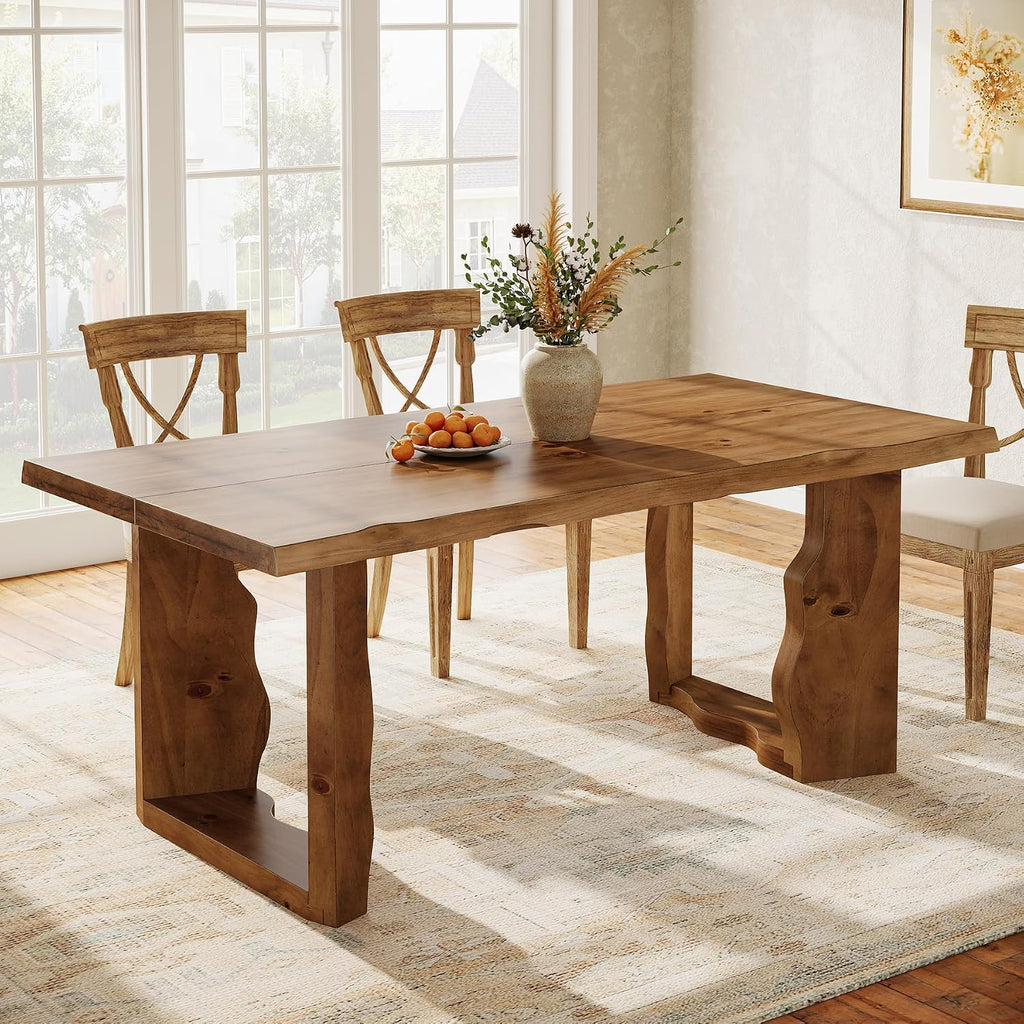 63" Live Edge Solid Wood Dining Table, Modern Rustic Kitchen Table with Sculptural Legs, 6-Person Rectangular Dinner Table for Dining Room, Kitchen,Natural Dark Brown Finish