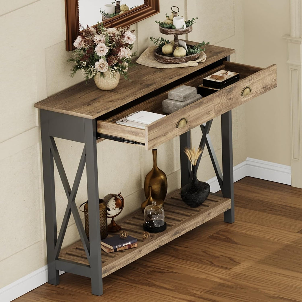 ChooChoo 47" Farmhouse Console Table with Drawer for Entryway, Narrow Long Entry Table with Shelf for Living Room, Rustic Vintage Hallway Sofa Table with Stable X Supports, Rustic Oak & Black