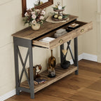 ChooChoo 47" Farmhouse Console Table with Drawer for Entryway, Narrow Long Entry Table with Shelf for Living Room, Rustic Vintage Hallway Sofa Table with Stable X Supports, Rustic Oak & Black