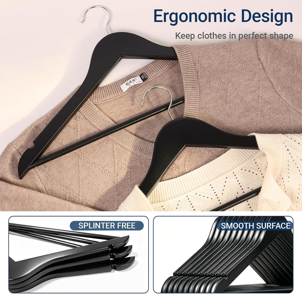 Amber Home Solid Wood Suit Coat Hangers 30 Pack, Smooth Black Finish Wooden Dress Hangers with Non Slip Pant Bar, Clothes Hangers with 360 Swivel Hook & Notches for Jacket, Pant, Shirt (Black, 30)