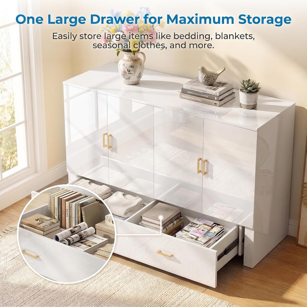 Mjkone Queen Size Murphy Cabinet Bed with RGB LED Lights, High Gloss MDF Murphy Beds with Tri-Folding Mattress Included, Convertible Chest Cabinet Bed with Storage Drawers for Small Spaces, White
