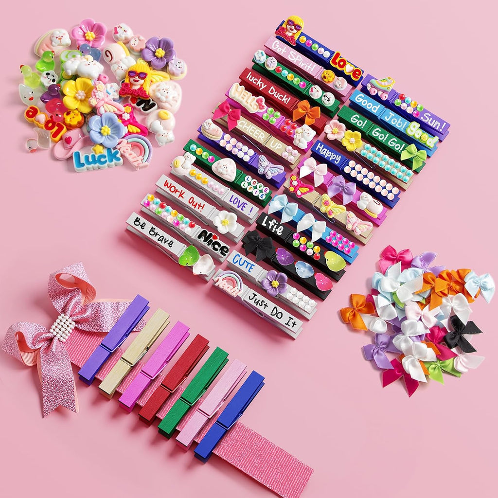Dufvrpe Cheer Pins Kit with 100pcs 2.8" Clips - 80 Mini Bows, 12 Cheer Ducks, 416 Letters & 35 Decorations for Cheerleaders, Volleyball Teams | Spirit Clips with Glue & Tools