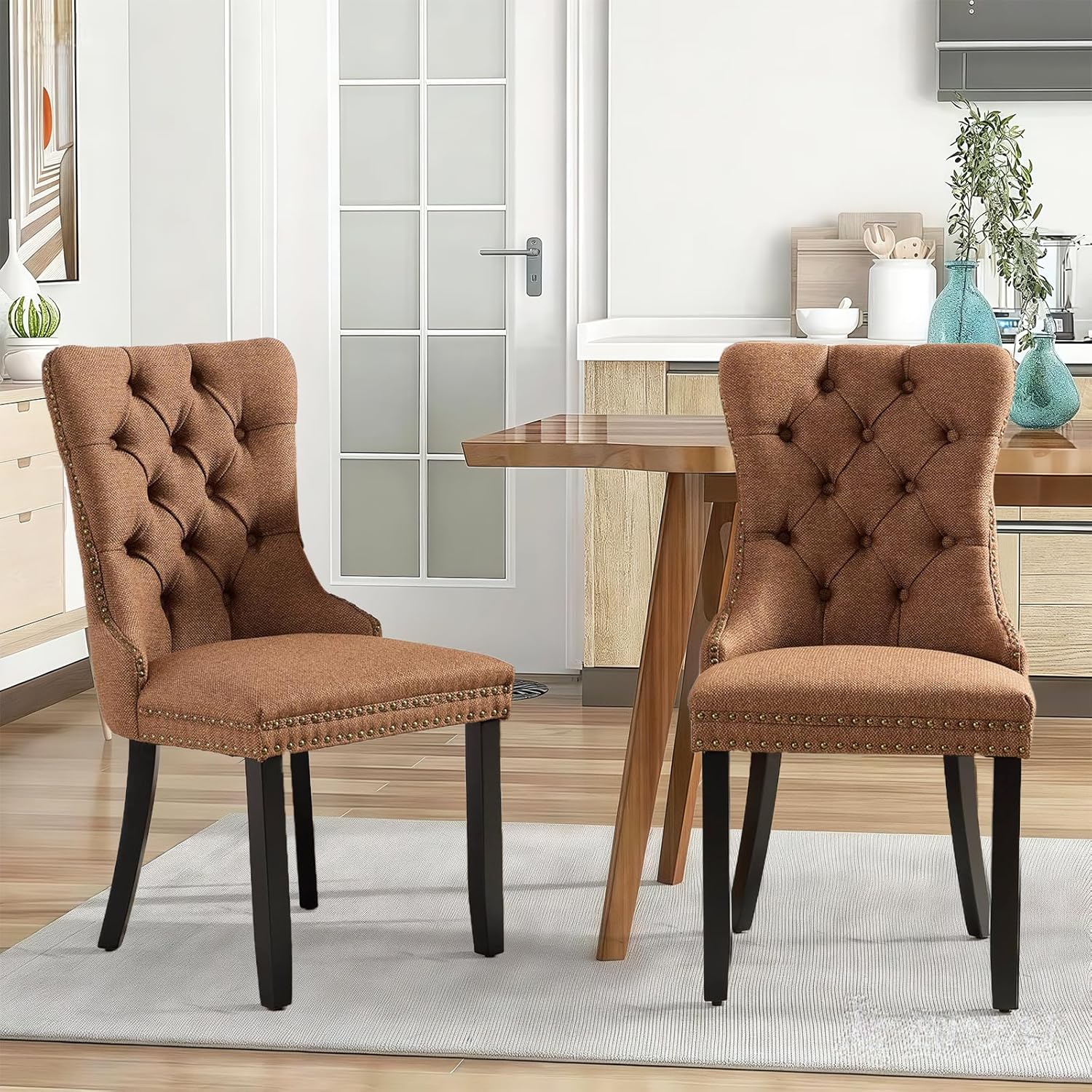 Linen Upholstered Dining Chairs Set of 6, Modern Style Kitchen Side Chairs with Nailhead Trim and Wood Leg, Metal Pulling Ring for Dining Room Living Room(Coffee,Set of 6)