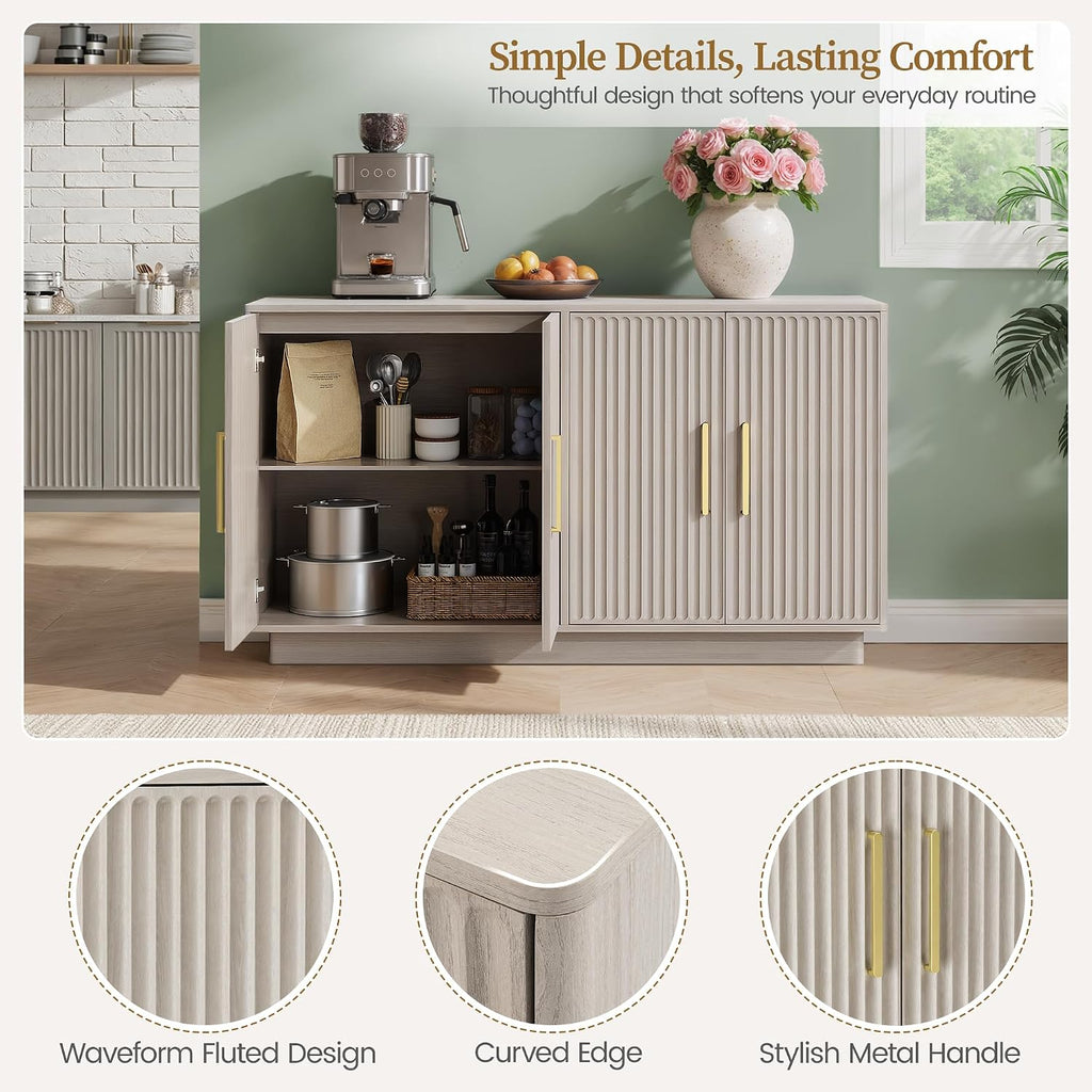 PAPROOS 55" Modern Fluted Sideboard Buffet Cabinet, Space-Saving Storage Credenza for Home Coffee Bar, 4-Door Accent Furniture with Adjustable Shelves for Clutter-Free Living (Beige Gray-1)