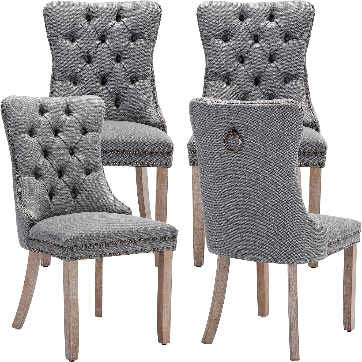 Grey Mid Century Modern Dining Chairs Set of 4, Linen Upholstered Kitchen & Dining Room Chairs with Nailhead Trim & Solid Wood Legs, Elegant Sillas De Comedor (Grey, 4 Pcs)