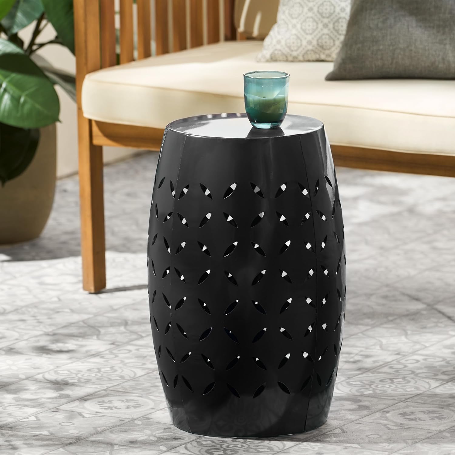 12" Weather Resistant Side Table, End Table with Metal Craft, Accent Table with Cutout Pattern for Indoor Outdoor Living Spaces, Black