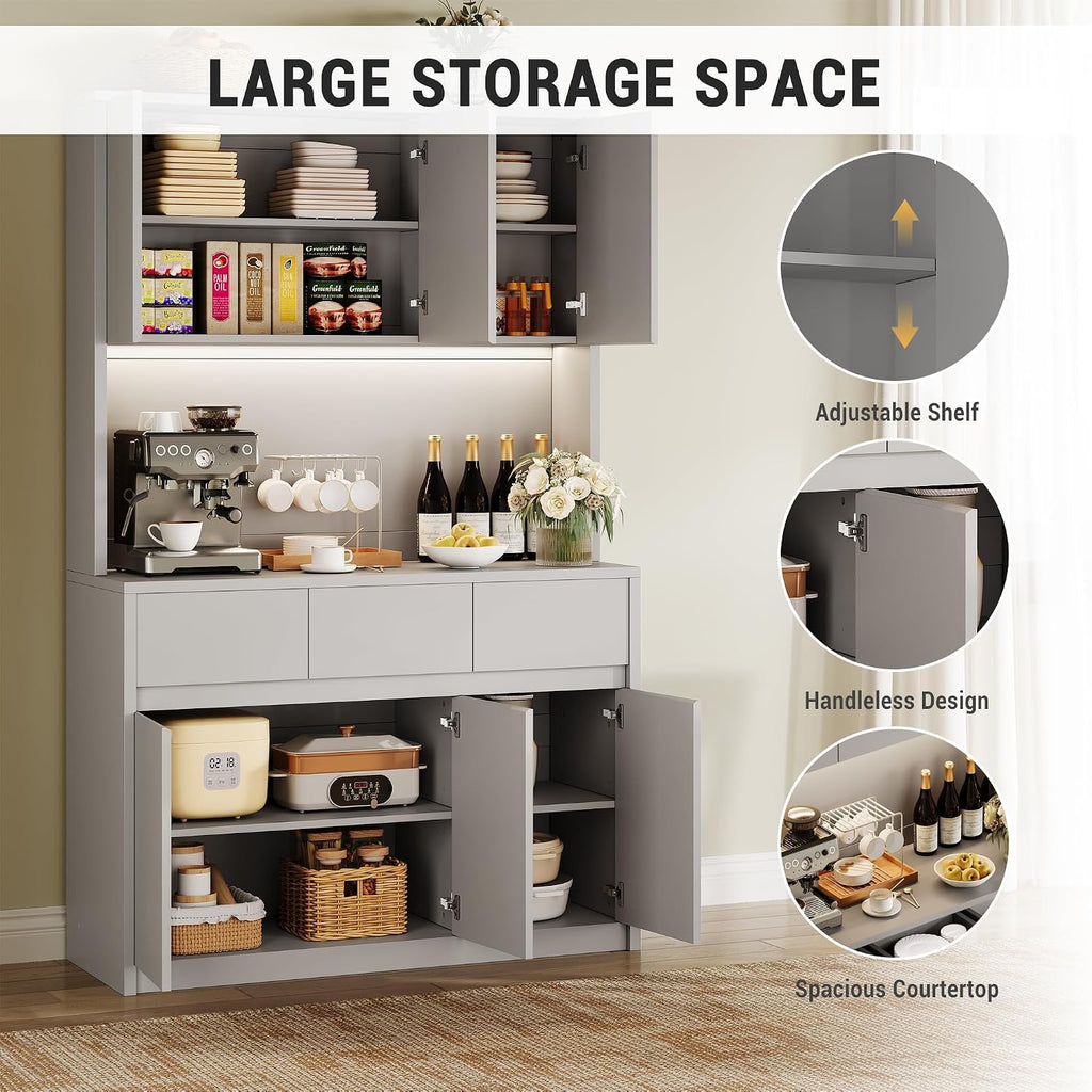 Garvee Kitchen Pantry Cabinet,71 in Tall Storage Cabinet with Doors&Shelves Adjustable, Kitchen Storage Hutch with Microwave Shelf, Led Lights&Charging Station,Corner Pantry Cabinet