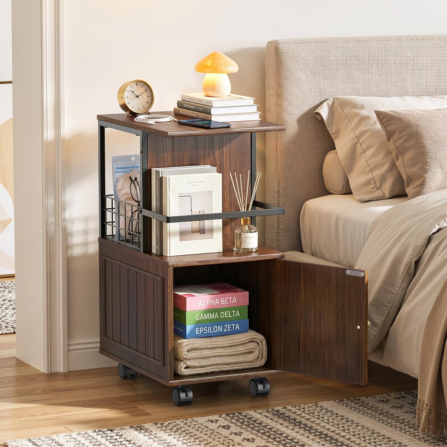 Narrow End Table with Storage Cabinet, Small Side Table with Open Storage Areas, Slim Sofa Side Table for Living Room, Nightstand for Small Spaces, Walnut