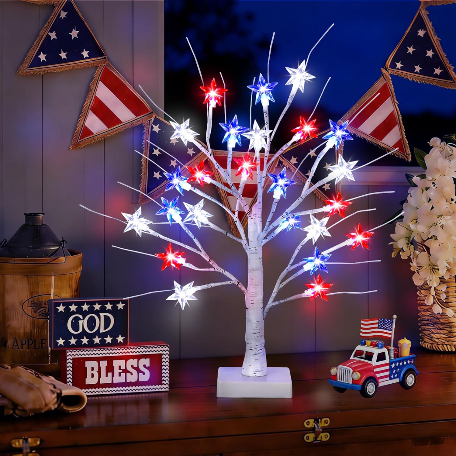 2 Pack 18" 4th of July Patriotic Tree Lights with 24 LED Red White Blue Star Lights Battery or USB Powered Lighted Tabletop Tree, Independence Day Memorial Day Decorations for Home Party Table Decor