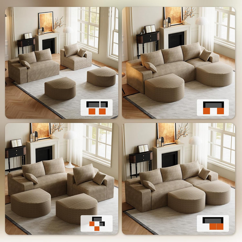 108" U-Shaped Boneless Couches for Living Room,Comfy Fluffy Cloud Sectional Couch with Curved Ottoman, Modern Plush Corduroy Deep Seat Modular Sectional Sofa for Small Spaces, Light Brown