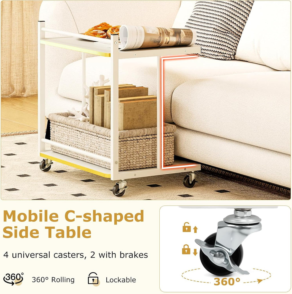 GOFLAME Rolling C-Shaped End Table, Couch Sofa Bed Side Table on Wheels, Open Shelves & Golden Edge, Modern, 2-Tier Narrow Compact Night Stand for Living Room, Bedroom, Home Office, White (1)