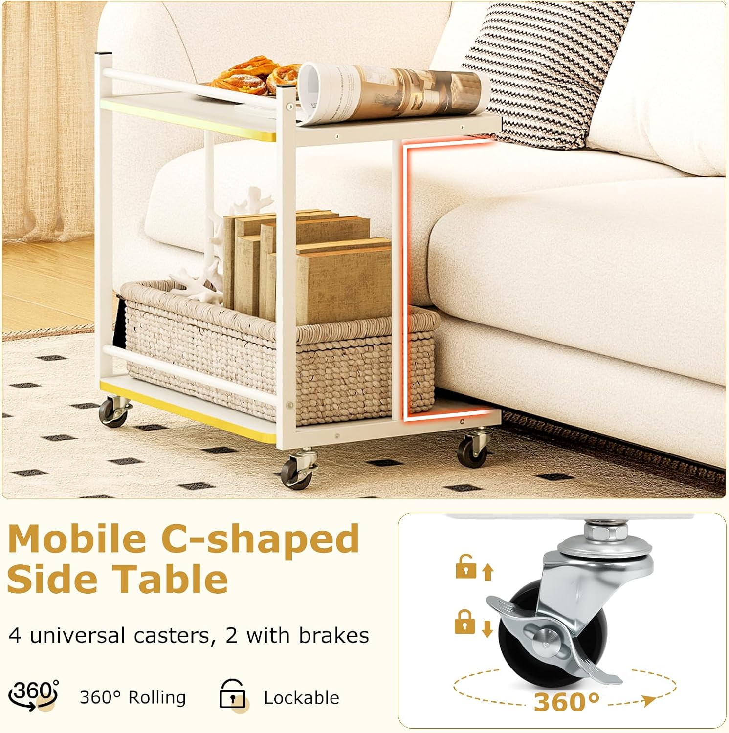 GOFLAME Rolling C-Shaped End Table, Couch Sofa Bed Side Table on Wheels, Open Shelves & Golden Edge, Modern, 2-Tier Narrow Compact Night Stand for Living Room, Bedroom, Home Office, White (1)