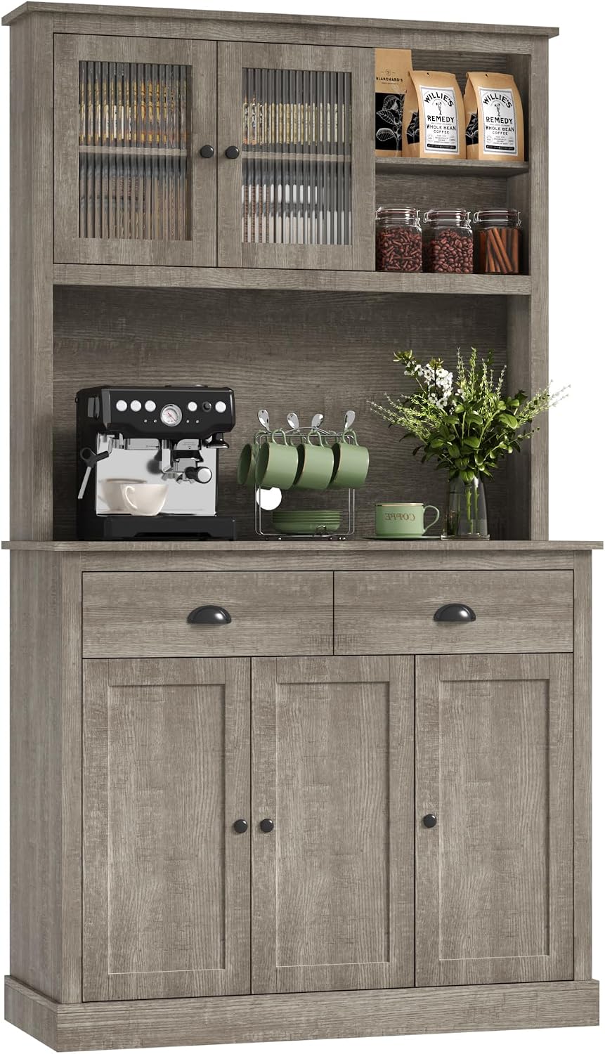 IDEALHOUSE Pantry with Drawers and Adjustable Shelves, 71”Tall Freestanding Kitchen Pantry Cabinet with Microwave Stand, Hutch Cabinet for Kitchen, Dining Room, Grey