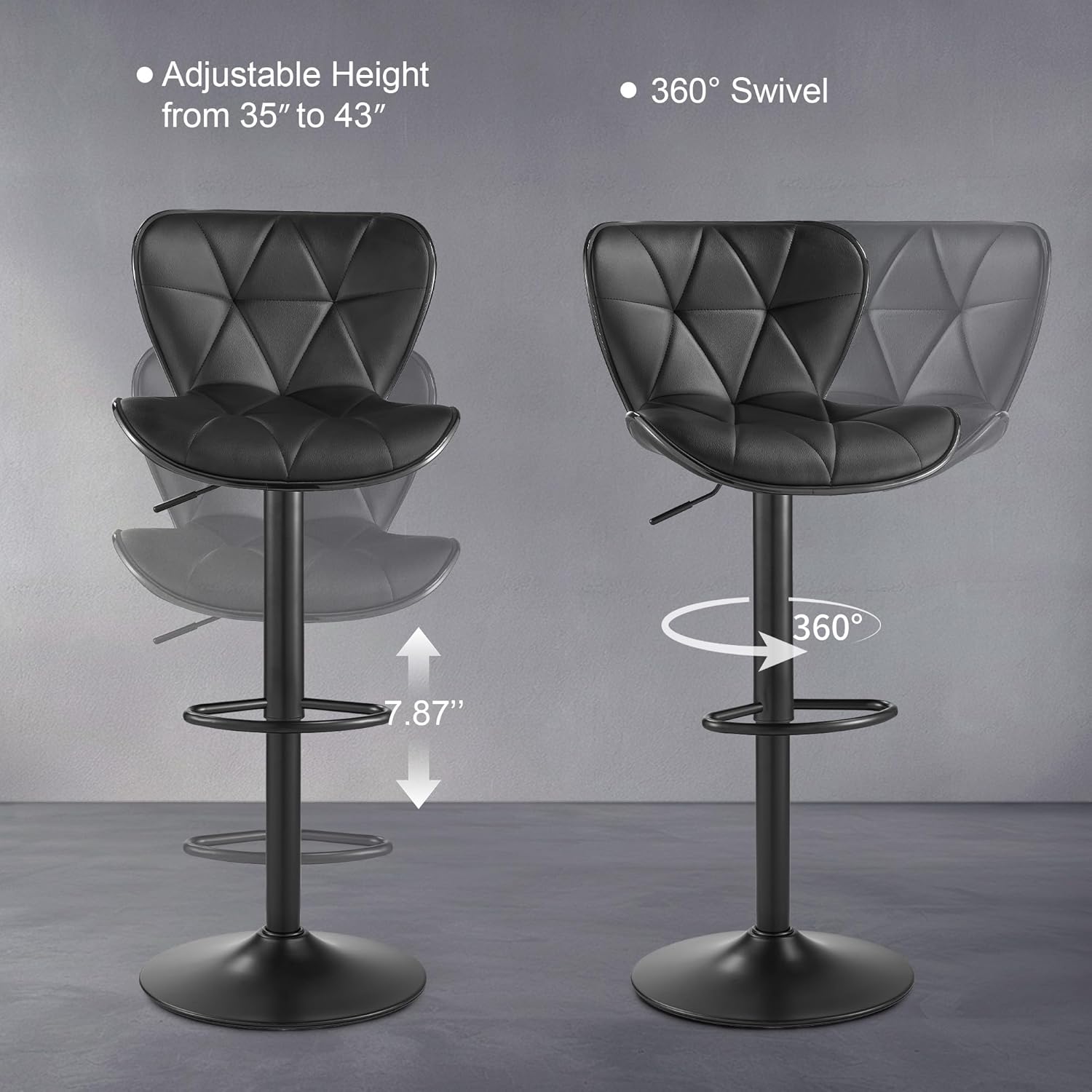 Bar Stools Set of 2, Modern Swivel Counter Height Bar Stools, Adjustable PU Leather Bar Chairs with Backrest, Upholstered Armless Bar Height Stools, Island Chairs for Kitchen Counter, Black