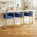 26" H Counter Height Bar Stools Set of 3, Modern Barrel Counter Stools with Backrest, Linen Upholstered Barstools for Kitchen Island, Gold Frame, Support 450 LBS (Blue)