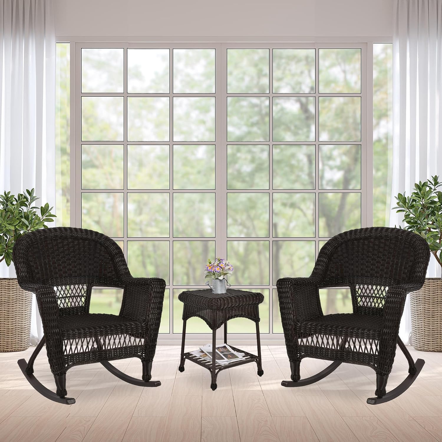 Jeco 3 Piece Rocker Wicker Chair Set, Espresso