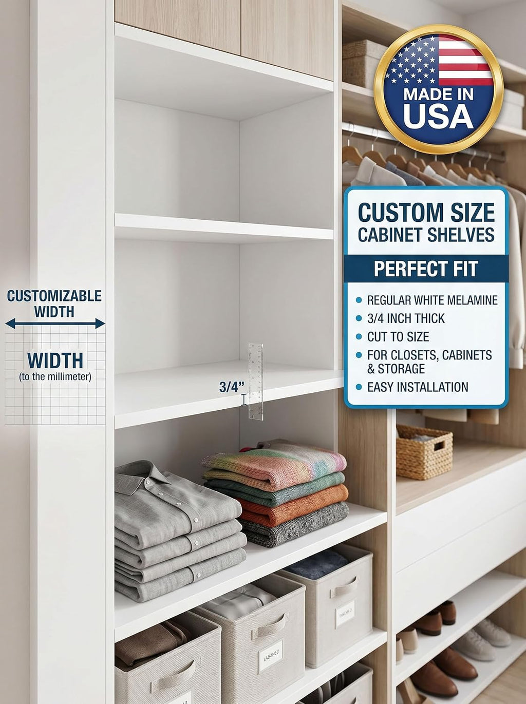 Custom Size Cabinet Shelves. Regular White 3/4" Thick Cut to Size Melamine Shelves for Closets, Cabinets and Storage – Made in USA