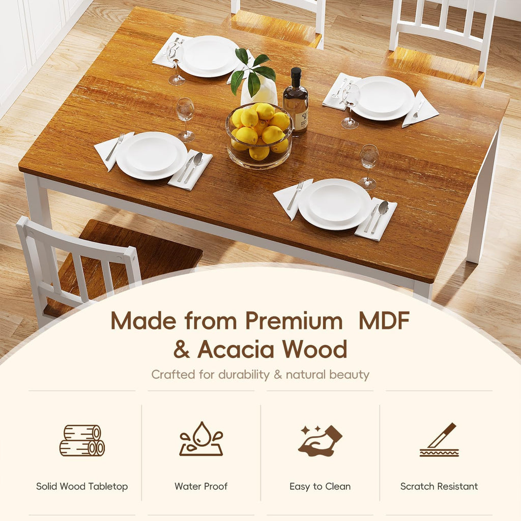 Dining Table Set for 4, Farmhouse Kitchen Table and Chairs with Rubber Wood Legs, Space-Saving Dinette Set, 5 Pieces Dining Table with Chairs for Small Spaces Kitchen Dining Room. Brown