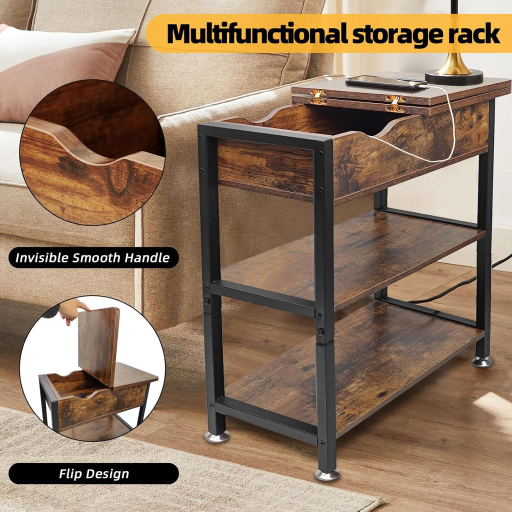 TooCust Flip Top End Table with Charging Station Set of 2, 12" D×21" W×26" H Small Side Tables with Storage & Shelves, Compact Side Table for Small Spaces, End Tables Living Room Set of 2, Brown
