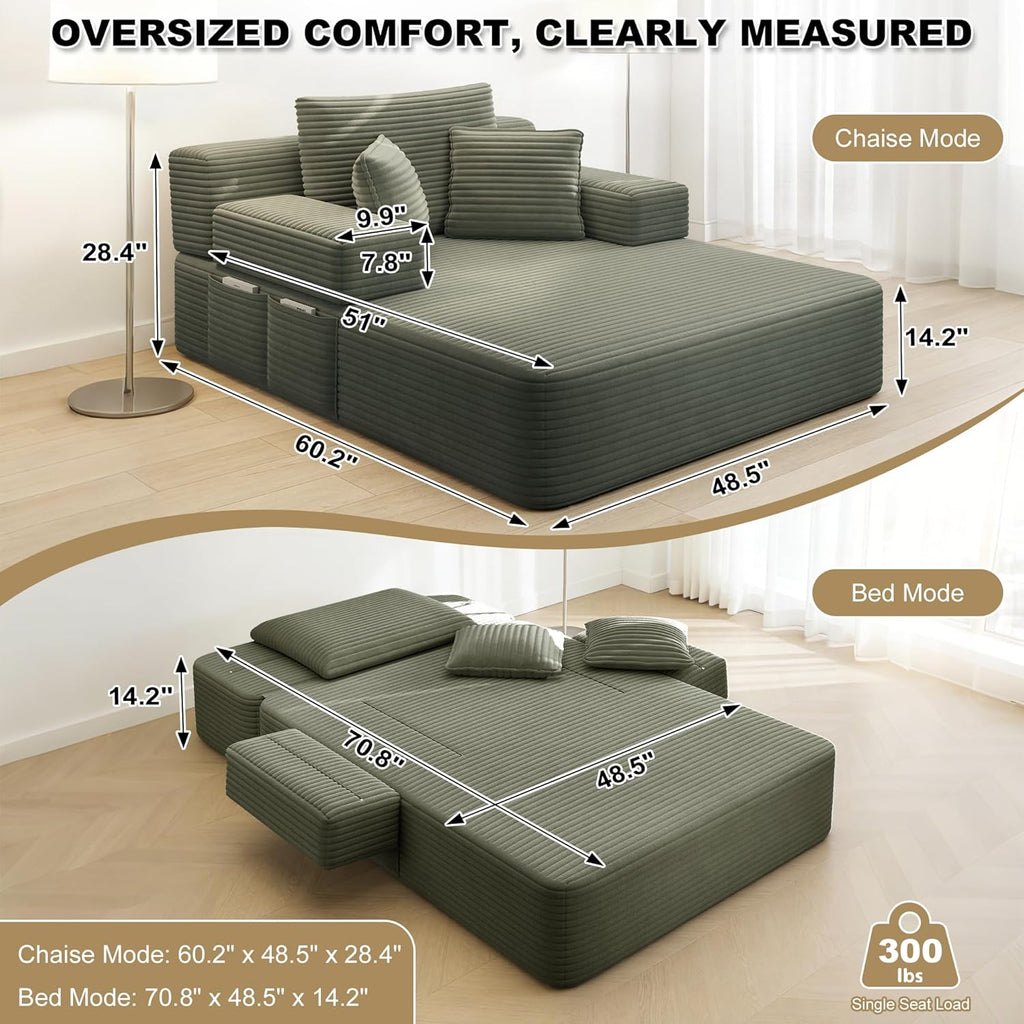 60.2" Oversized Chaise Lounge Chair, Boneless Corduroy Cloud Couch, Deep Seat Convertible Sofa Bed with 3 Pillows, Wide Armrests, Side Pocket, No Assembly (Green)