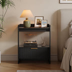 Nightstands Set of 2, Fluted Bedside Tables with Amber Glass Top | Hidden Drawer Storage, Open Display Shelf, Rounded Corner Design, Easy Assembly, Bedroom, Apartment, Guest Room Use
