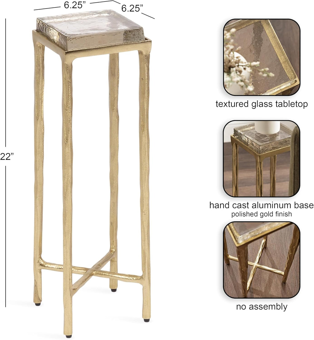 Kate and Laurel Julielle Modern Square Glass Drink Table, 7 x 7 x 22, Clear Glass and Gold, Natural Slump Glass Martini Table for Use as Small Plant Stand or Living Room Accent