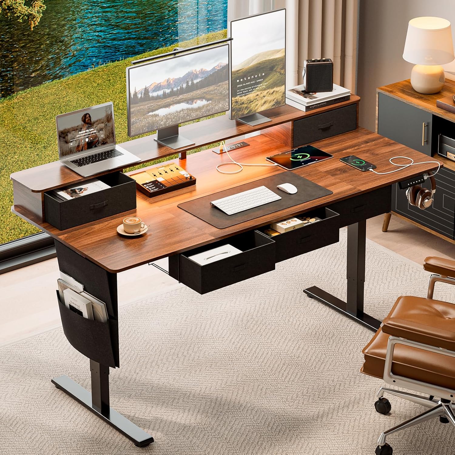 63x32″ Electric Standing Desk with 5 Drawers, Sit Stand Desk with Power Outlets, Monitor Shelf, RGB LED Lights and Cable Management, Height Adjustable 28.3"-47.2" for Home & Office, Walnut