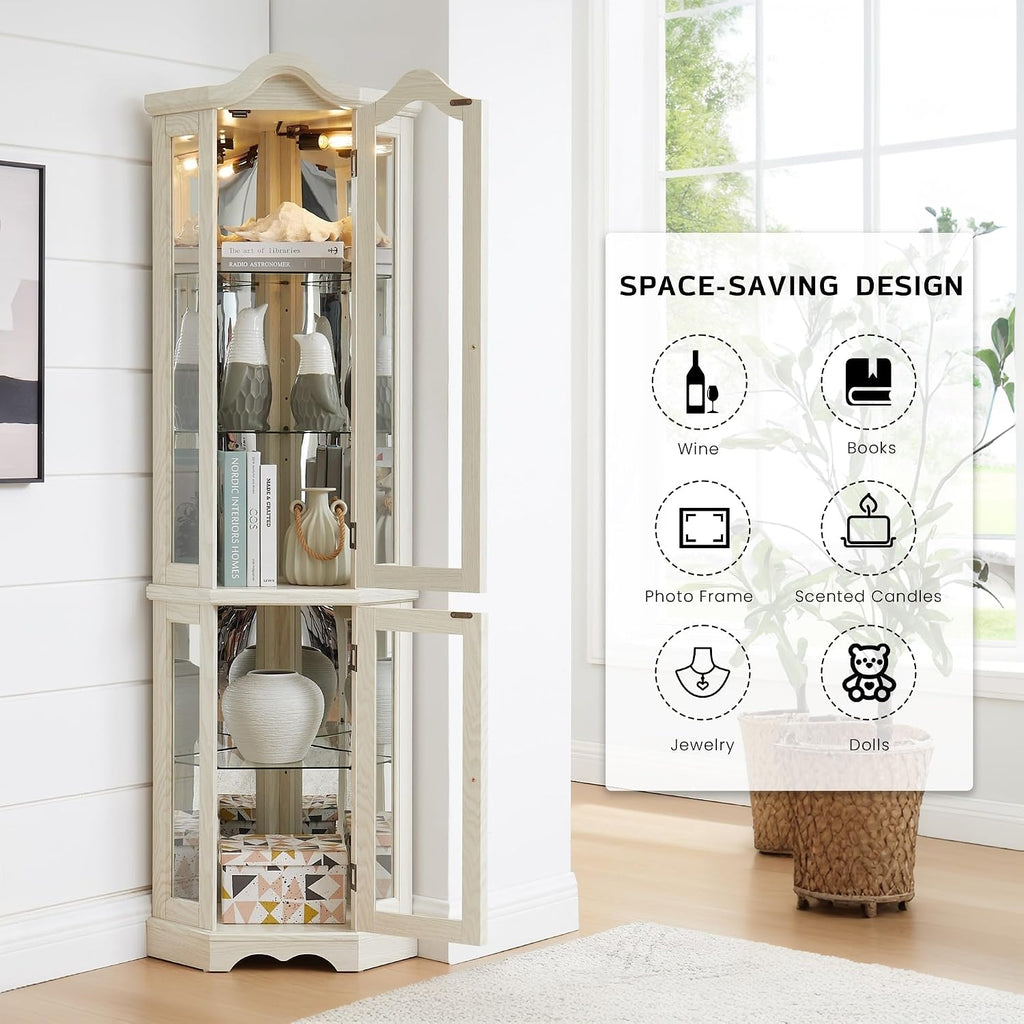 Lighted Corner Curio Cabinet 70.5" Tall Wooden China Cabinet with Tempered Glass Doors, Freestanding Glass Display Case Wine Cabinet Storage Rack for Bar and Liquor Storage (White)