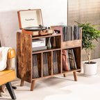 Record Player Stand, Large Record Player Table Cabinet with Open Vinyl Storage and Display Shelf Holds up to 250 Albums, Mid Century Wood Turntable for Living Room, Bedroom (Brown)