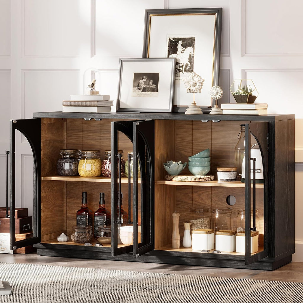 Large Arched Kitchen Sideboard, Wooden Storage Cabinet with Glass Doors with Adjustable Shelves for Kitchen, Dining Room and Bathroom (Black)
